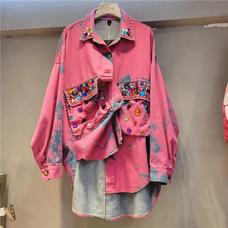 Women's New European Fashion Sweet Pink Denim Shirt Tops Ladies 2023 Spring Elegant Floral-Print Beaded Diamond Blouses Top enlarge