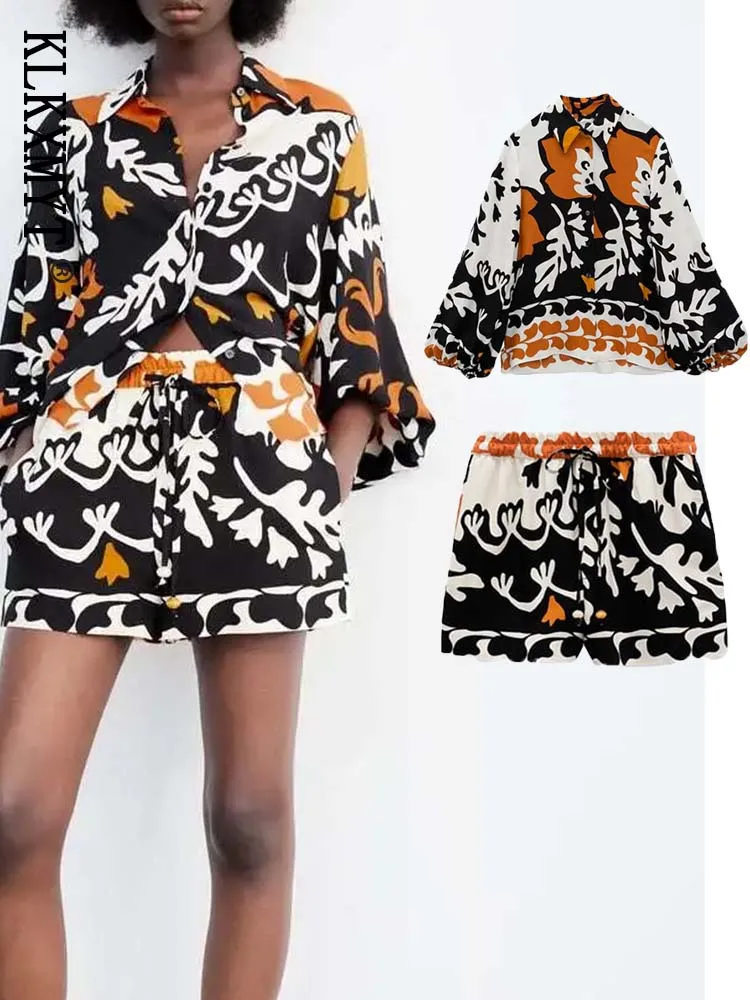 

KLKXMYT Женский комплект из 2 предметов Лето 2022 Модная рубашка с принтом Повседневный Топ с длинным рукавом Женские шорты наборы