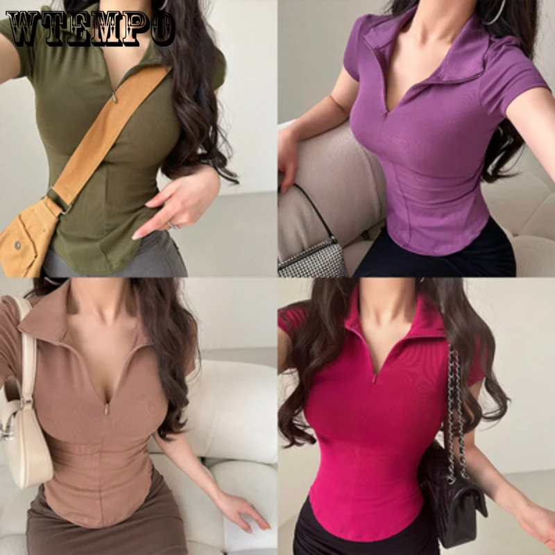 

Summer Polo Shirt Short Sleeve Straight Shoulder T-shirt Women Zipper Short Tees Spicy Girls Design Sense Small People Slim Tops