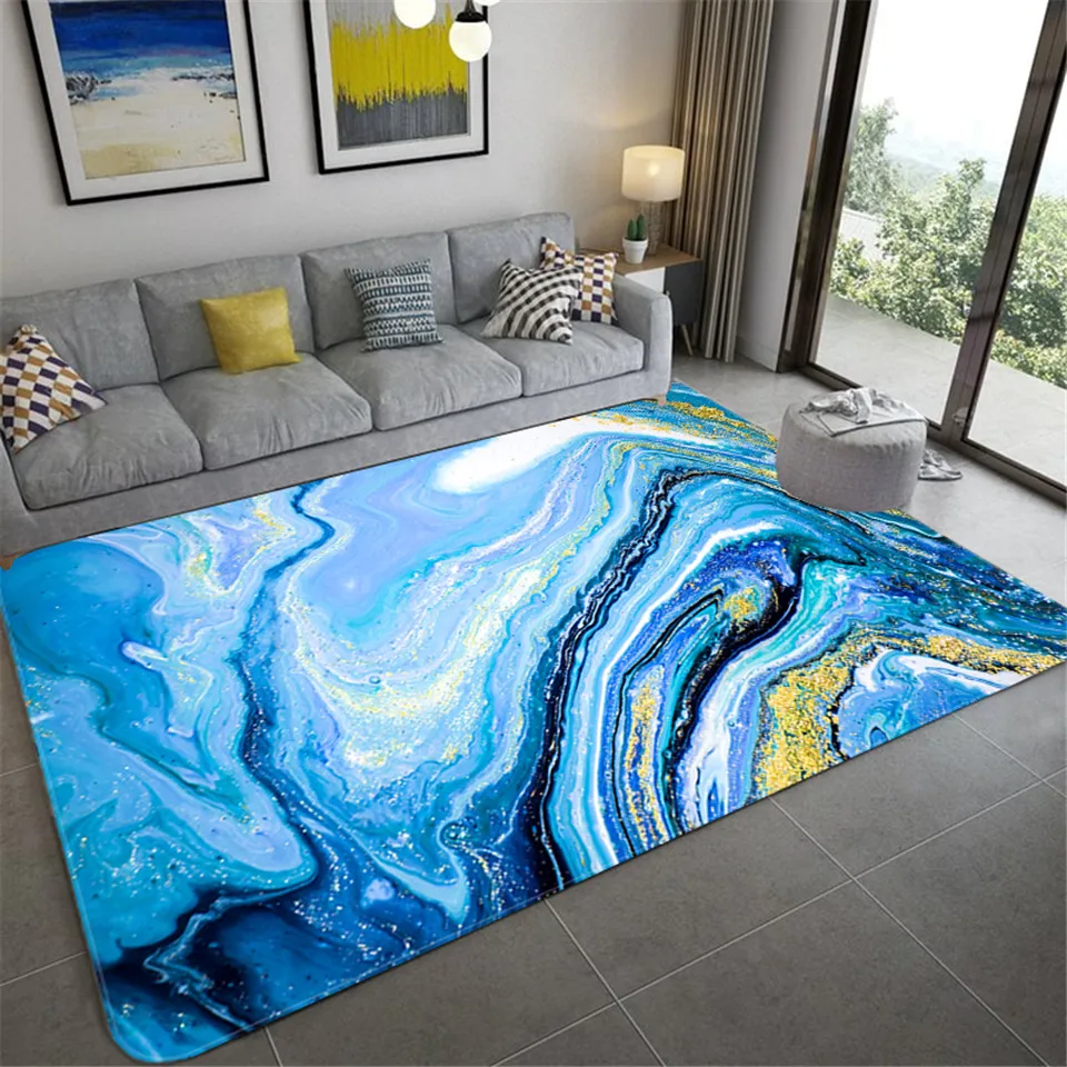 

Abstract Blue Marble Carpet 3D For Living Room Nordic Style Rug Beside Table Rectangle Chair Mat Water absorption Bath Floor Mat