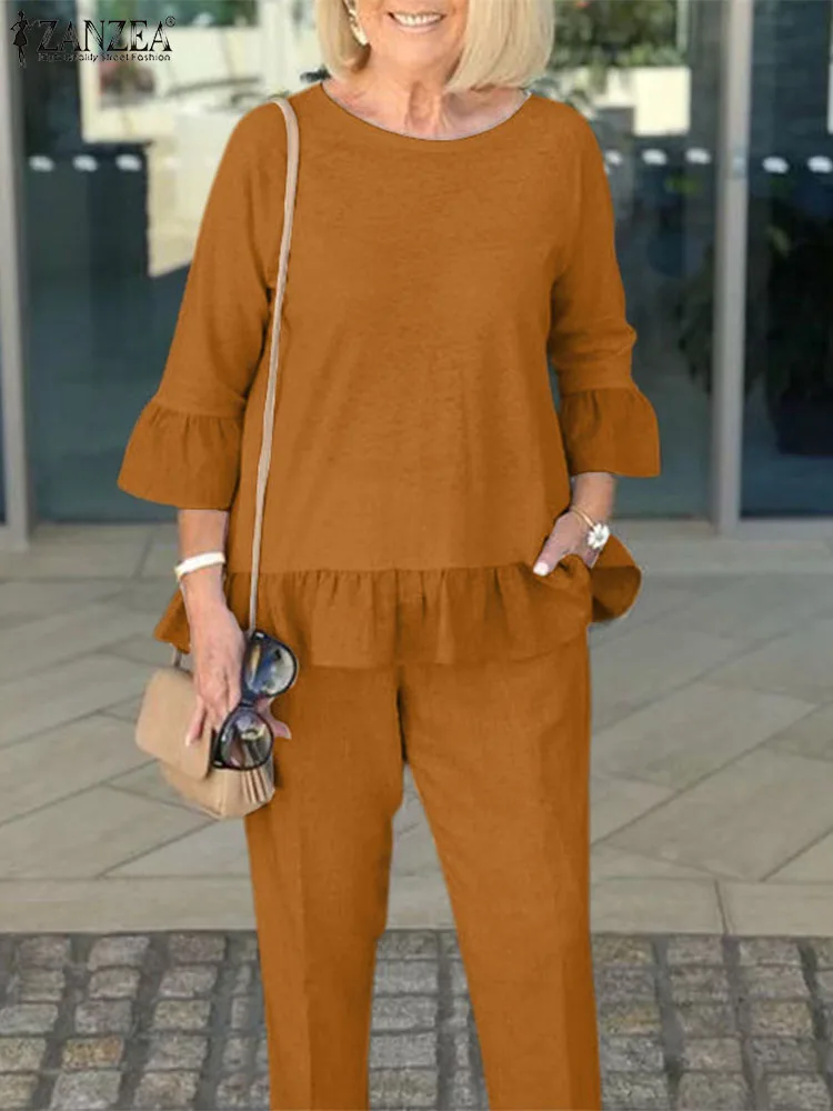 

2023 ZANZEA женский винтажный наряд элегантные подходящие комплекты блузка с рукавом 3/4 и круглым вырезом длиной до щиколотки свободные брюки 2 шт. Повседневный стильный костюм