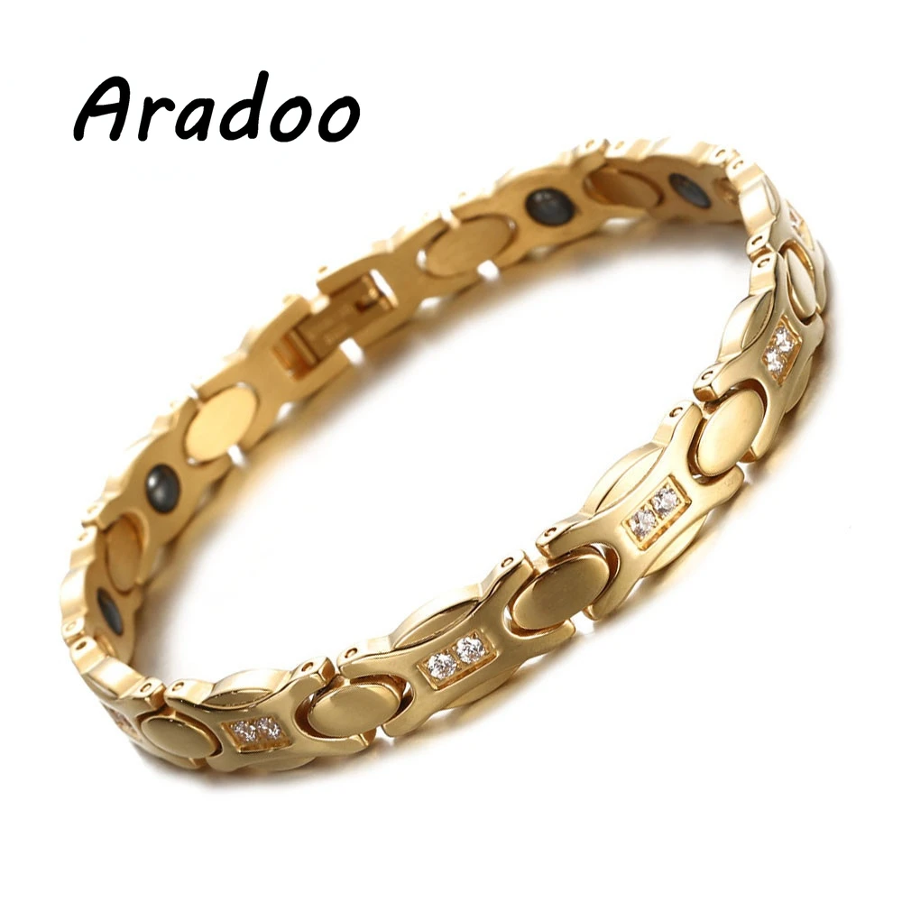 

ARADOO Light Luxury High-end Micro-inlaid Zircon Hematite Negative Ion Gold Titanium Steel Energy Health Bracelet