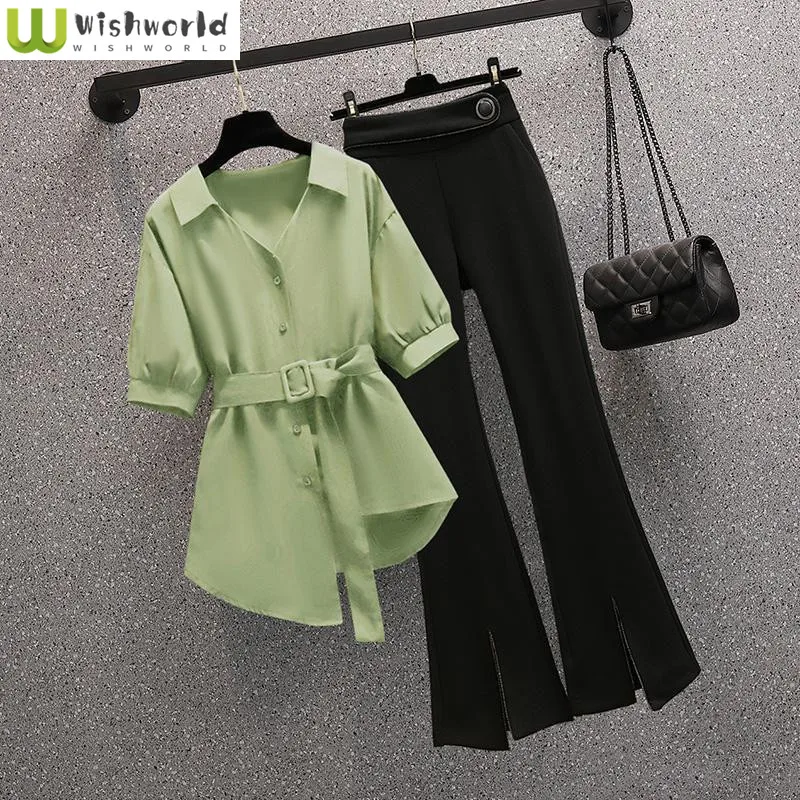 

2022 Summer New Elegant Women's Pants Set Fashion Chiffon Shirt Top Black Trousers Two Piece Set Casual Blouse Female Tracksuit