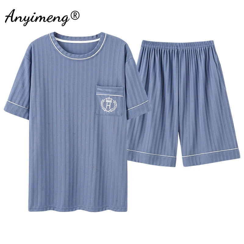 

Summer Knitted Cotton Mens Pajamas Set Fashion Round Neck Short Sleep Tops Elastic Waist Pijamas for Man Solid Elegant Nightwear