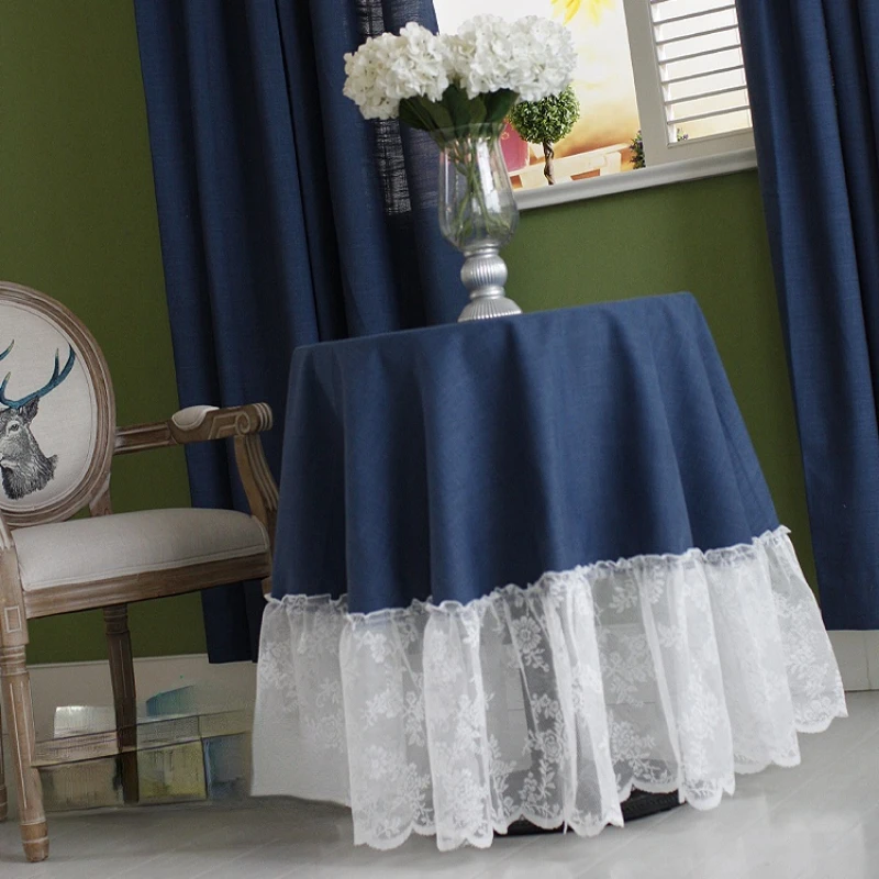 

Mediterranean Style Round Tablecloth with White Lace Dark Blue Lace Table Covers for Wedding Decoration Dinning Table Coth Round