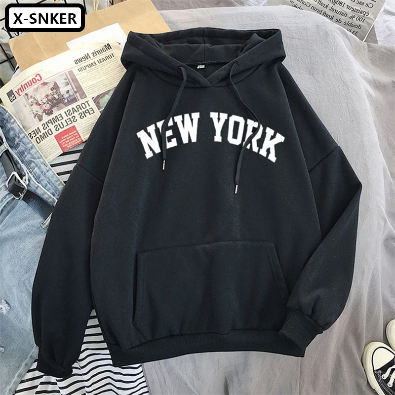 

New York Letter Print Fleece Mens Sweatshirt Stranger Things Oversize Harajuku Streetwear Casual Hooded Hoodies Pullovers
