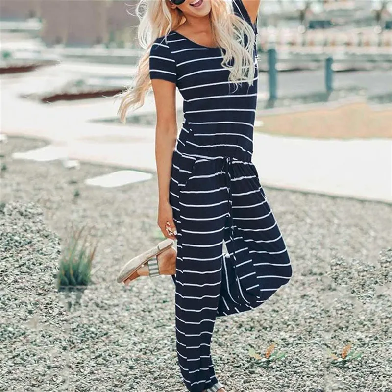 

Loose Black White Striped Short Sleeve Casual Long Jumpsuits Pockets O-Neck Women Overalls Summer FashionRompers Mujer GV026