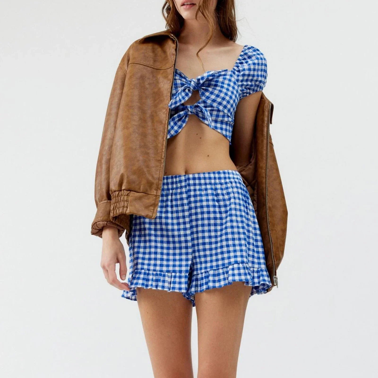 Летняя женская мода комплект из 2 предметов клетчатый укороченный топ с вырезом в