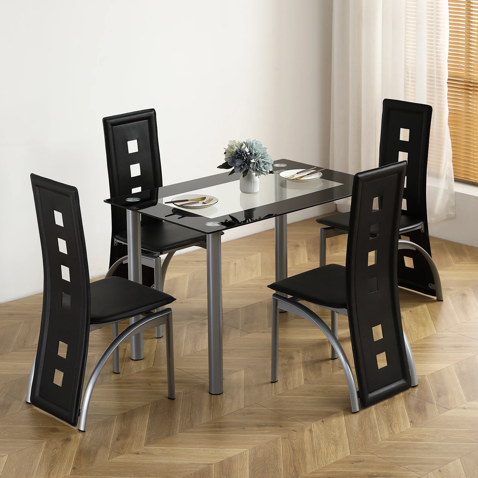 

[Flash Sale] набор из 5 предметов для 4 обеденных столов, обеденный стол из закаленного стекла для кухни, 4 черных стула, серебристые ножки стола [US-W...