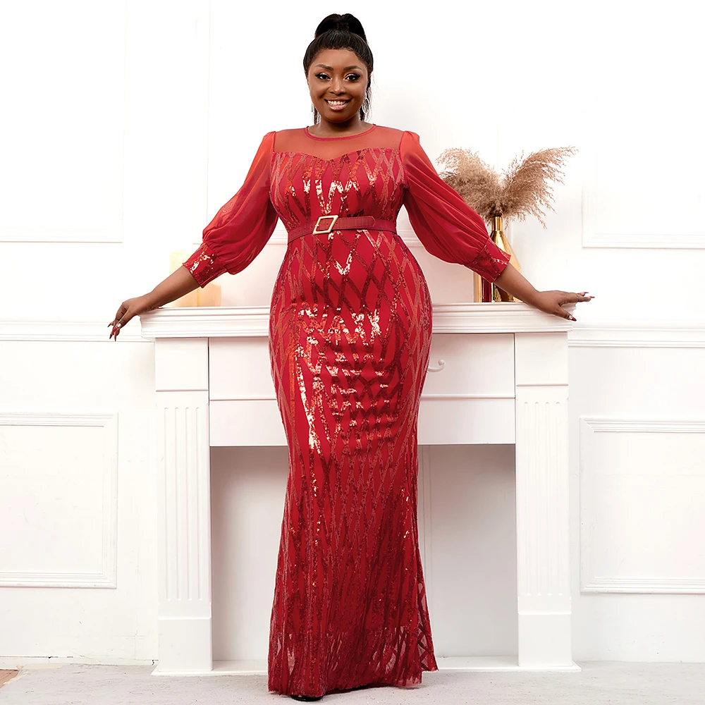 Plus Size Stretch Bright Red Sequin Evening Dress Long Sleeve Mermaid Evening Night Party Maxi Dress With Belt Haute Couture