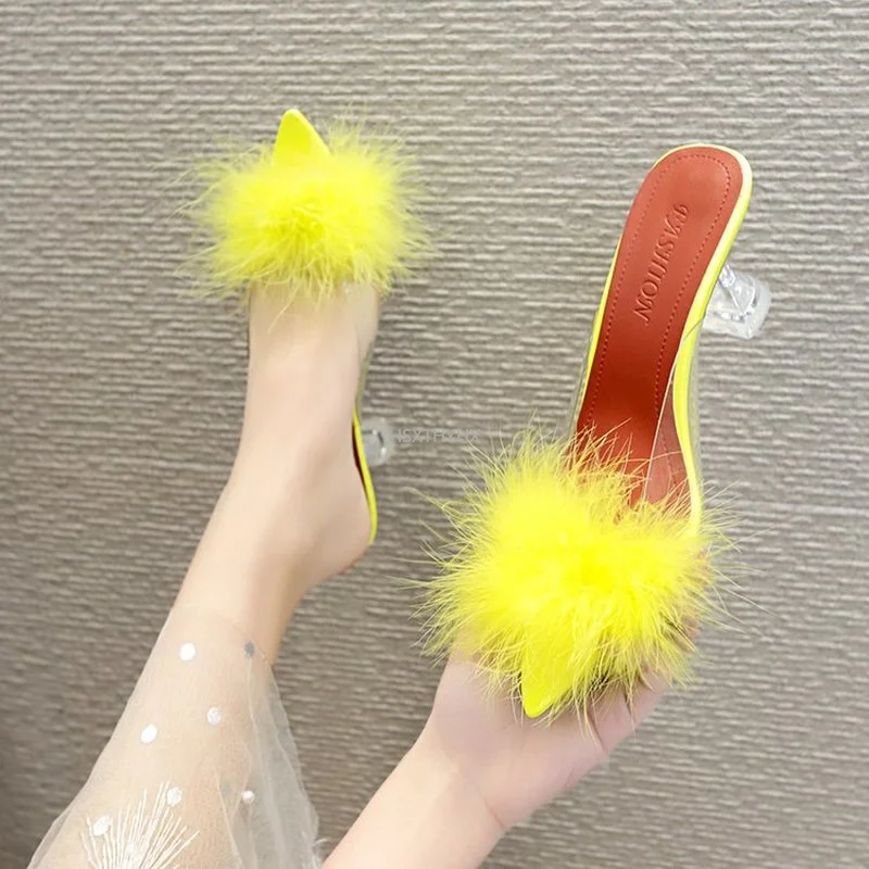 

Feather Fur PVC Transparent High Heels Woman Slippers Pointed Toe Mules Lady Pumps Slides Stripper White Shoes