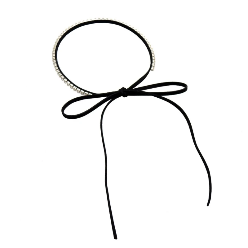 

E0BF Rhinestones Adjustable Rope Bowknot Choker Necklace Jewelry for Women Party