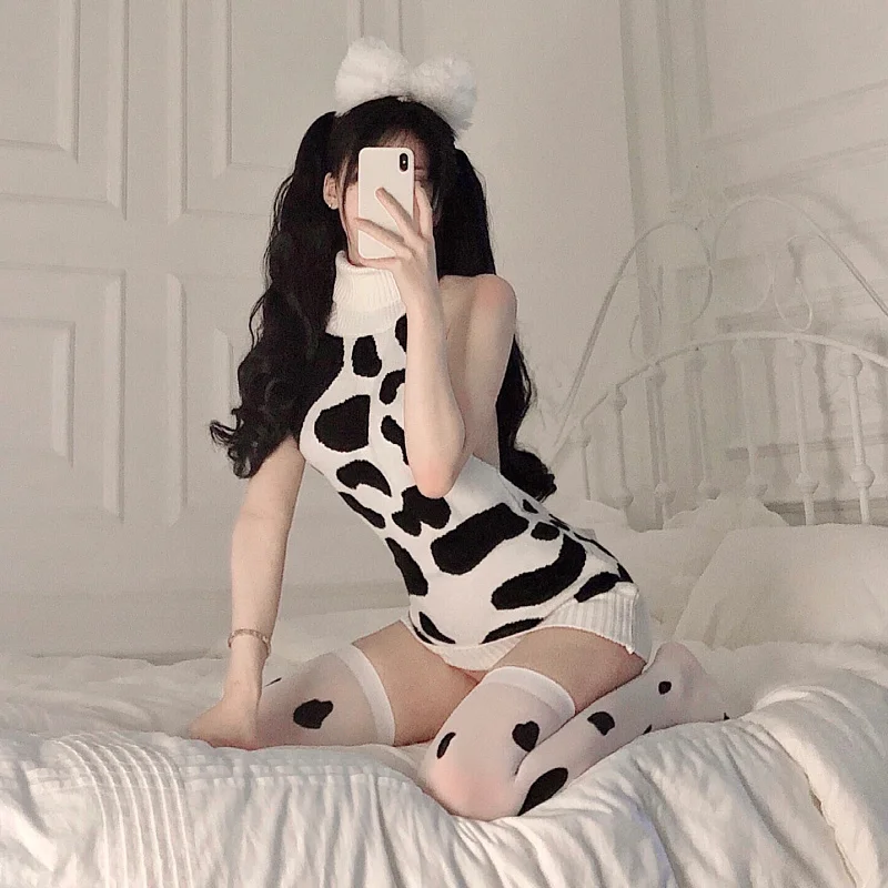 

Lolita Cow Cosplay Costumes Backless Turtleneck Sweater Japanese Cute Anime Erotic Outfit Women Sexy Lingerie Sleeveless Suit