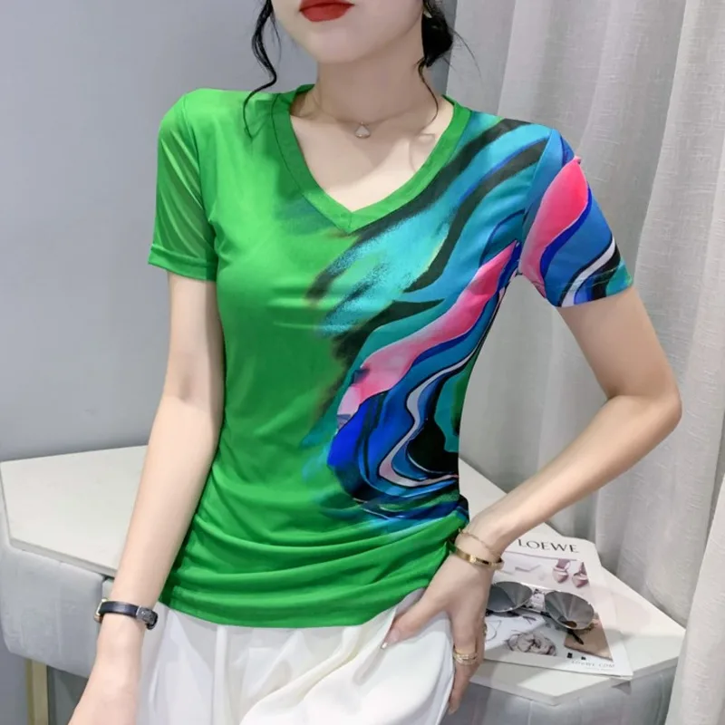 

Black Green Blue Elastic Mesh T Shirt Women Short Sleeve Printed T Shirt Female V-neck Tight Basic Women's T-shirt Summer