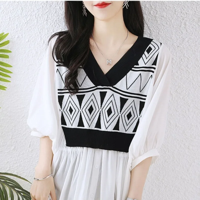 Женская шифоновая рубашка средней длины с длинным рукавом и V-образным вырезом