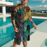 summer fashion personality colorful graffiti 3d printing casual fashion crew neck t shirt shorts two piece mens set