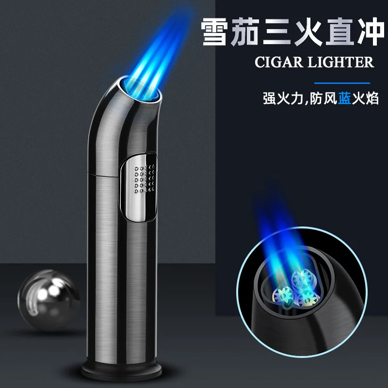 

New Elbow Windproof Three Fires Straight Blue Flame Inflatable Lighter Personality Creative Tide Moxibustion Cigarette Lighter