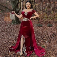 elfin velour evening dresses appliques tassel burgundy robe de soiree mermaid detachable train vestidos de noche saudi arabia