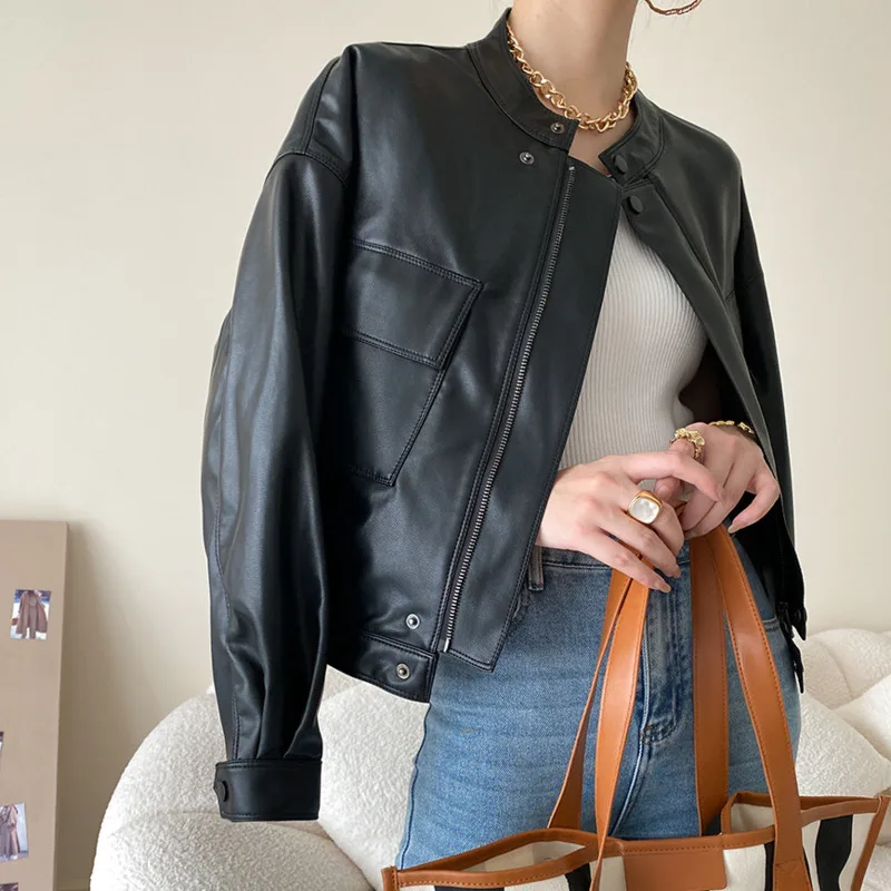 

Casual Small Stand Collar Pu Leather Jacket Design New Autumn 2022 Slim Short Jacket