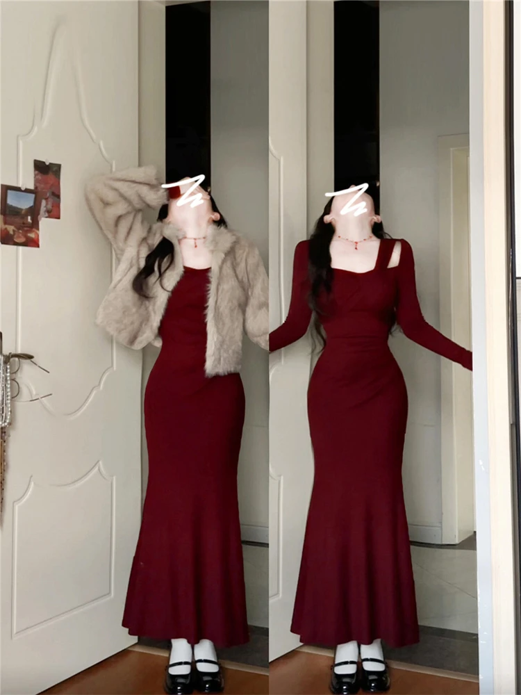 Красное трикотажное платье во французском стиле женское осенне-зимнее 2024 новая