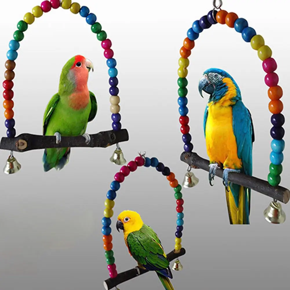 

1PC Natural Wooden Parrots Cage Swing Toy Birds Colorful Beads Bird Supplies Bells Toys Perch Hanging Swings Cage for Pets