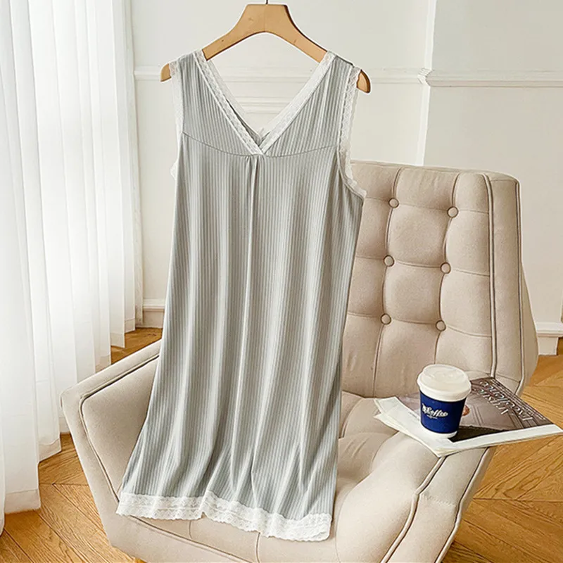 

Свободная Модальная кружевная Удобная ночная рубашка, женская ночная рубашка, новая сексуальная ночная рубашка без рукавов с V-образным вырезом, женская одежда