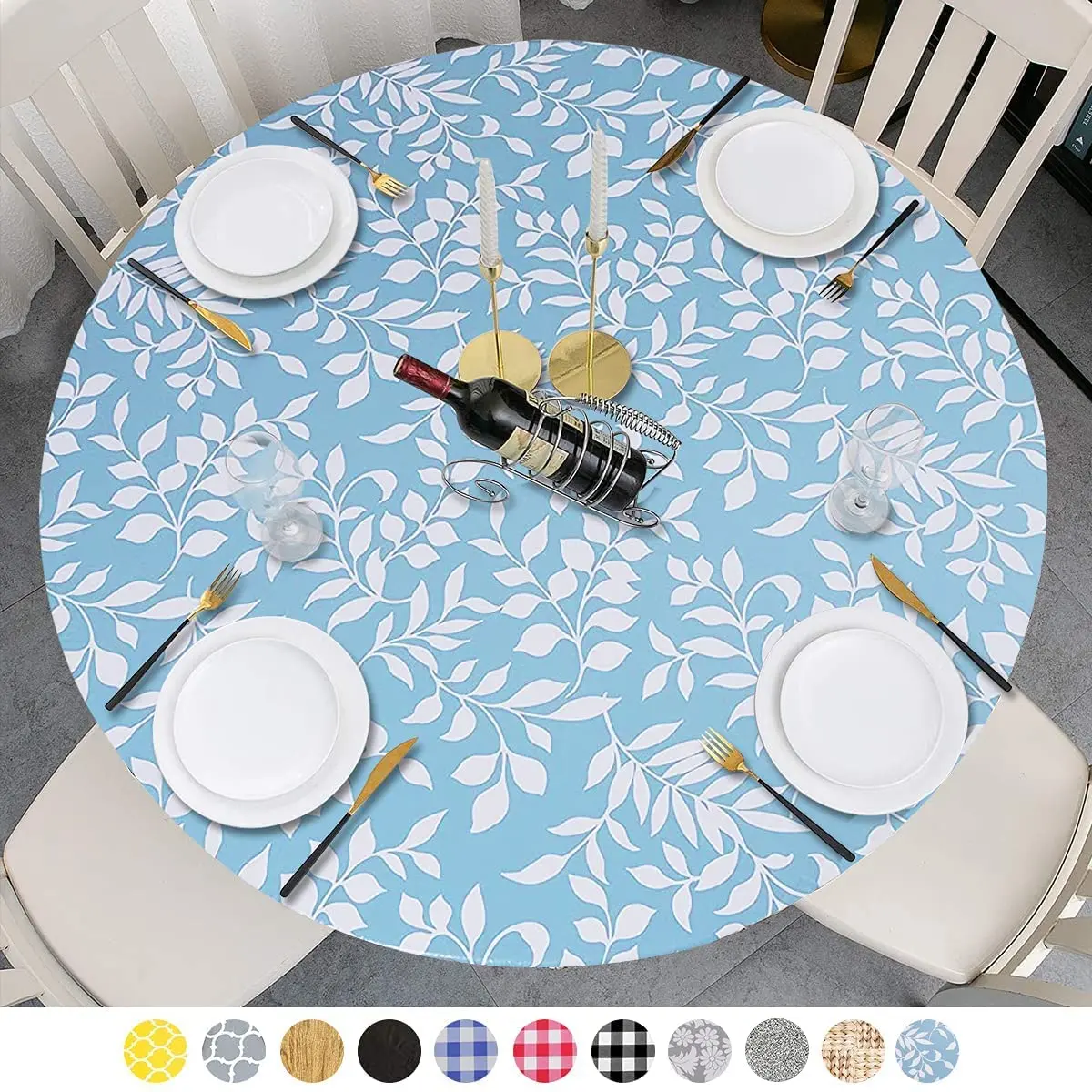 Fitted Round Plastic Vinyl Table Cloth Flannel Backing Elastic Edge Waterproof Table Protector for Dining Room Table Cover