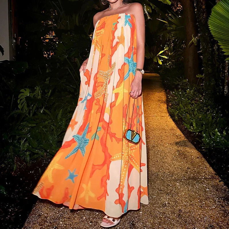 

Elegant Draped Boho Long Dresses Fashion Strapless Print Beach Holiday Dress Women 2023 Spring Summer New Sleeveless Maxi Dress