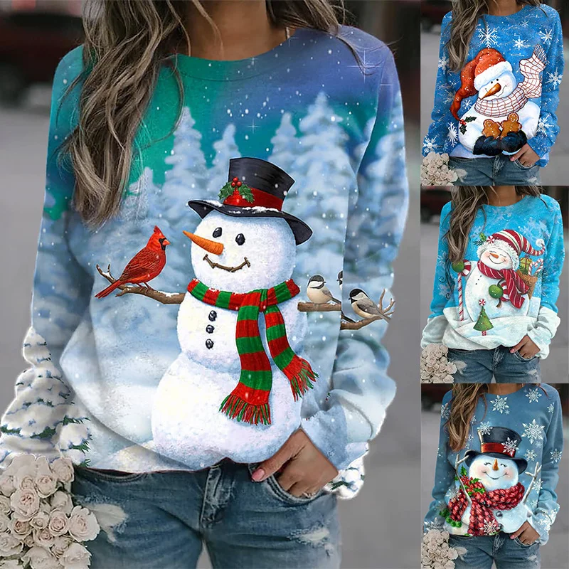 

Christmas New Ladies Round Neck Sweater Snowman Elk 3D Digital Printing Fashion Personality Casual Women Sweater