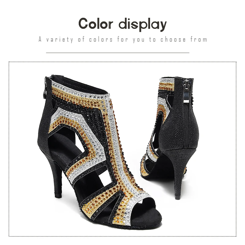 DKZSYIM Women's Latin Dance Shoes Rhinestones Black Salsa Dancing Shoes Woman Party Dance Boots Ballroom Shoes Suede Sole