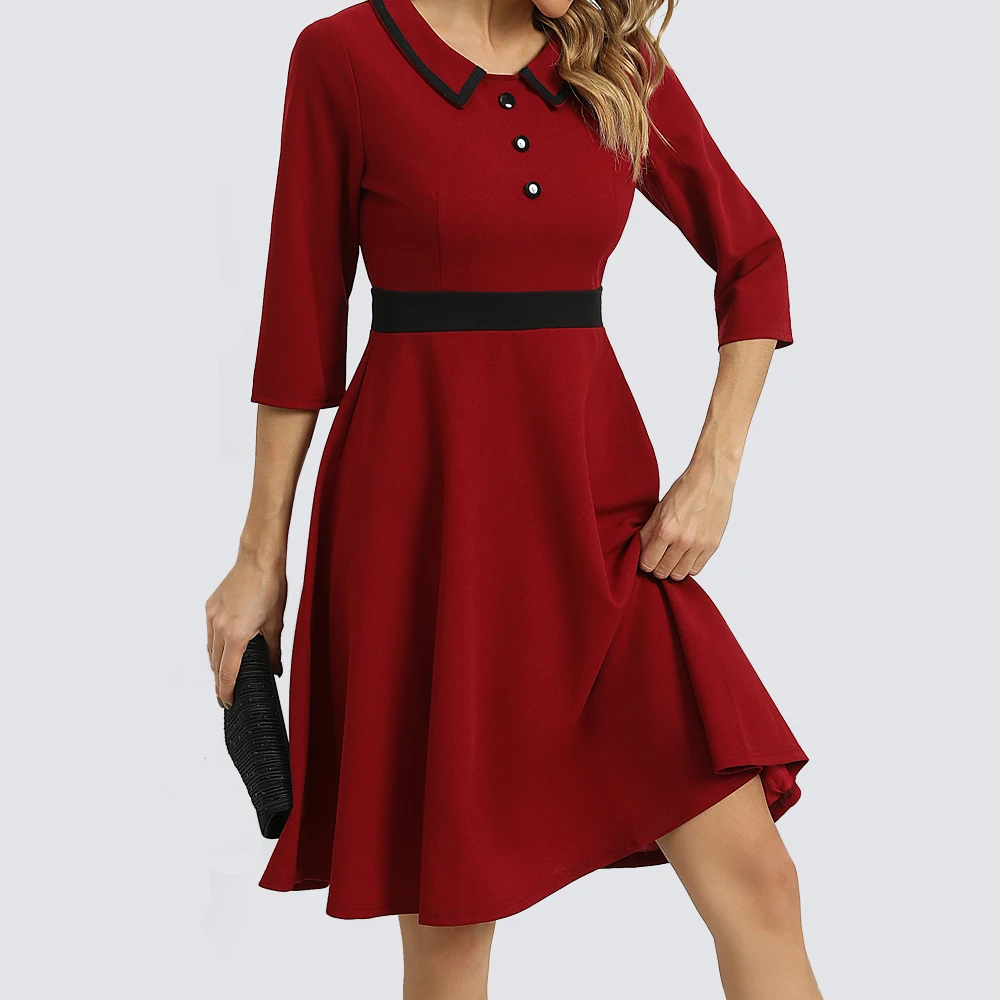 

Весенние Женские Классические черно-красные Лоскутные Платья, повседневное винтажное Ретро ТРАПЕЦИЕВИДНОЕ ПЛАТЬЕ HA371