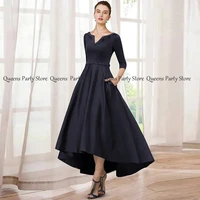 weilinsha navy satin mother of the bride dress 34 long sleeves v neck beading sequin a line wedding party dress with pockets