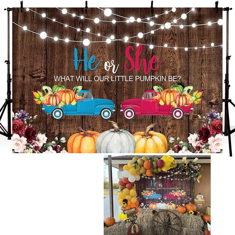 

Pumpkin Gender Reveal Photography Backdrop Fall Autumn Red Blue Floral Rustic Wood Trucks with Pumpkins Baby Shower Party Banner