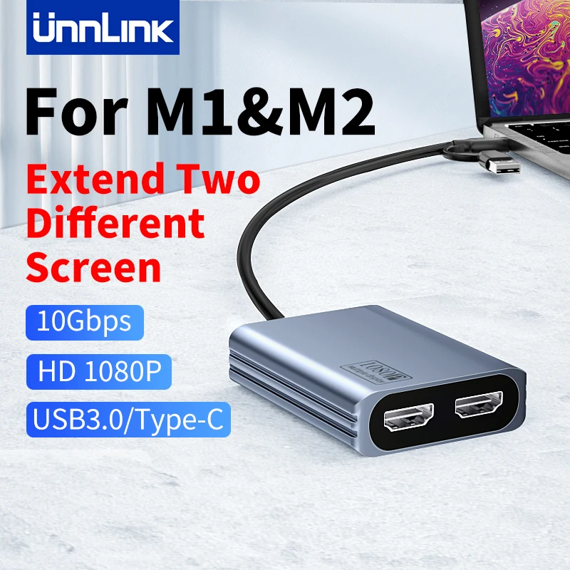 Адаптер Unnlink Type C/USB3.0 на два HDMI, 1080P, 60 Гц, 2 разных экрана для Apple M1, M2, Mac, Windows