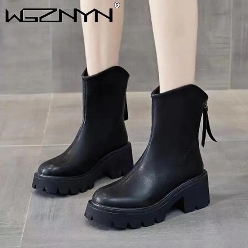 

Женские ботильоны на платформе, черные, коричневые ботинки челси из спилковой кожи с круглым носком, на молнии, длинные ботинки ручной работ...