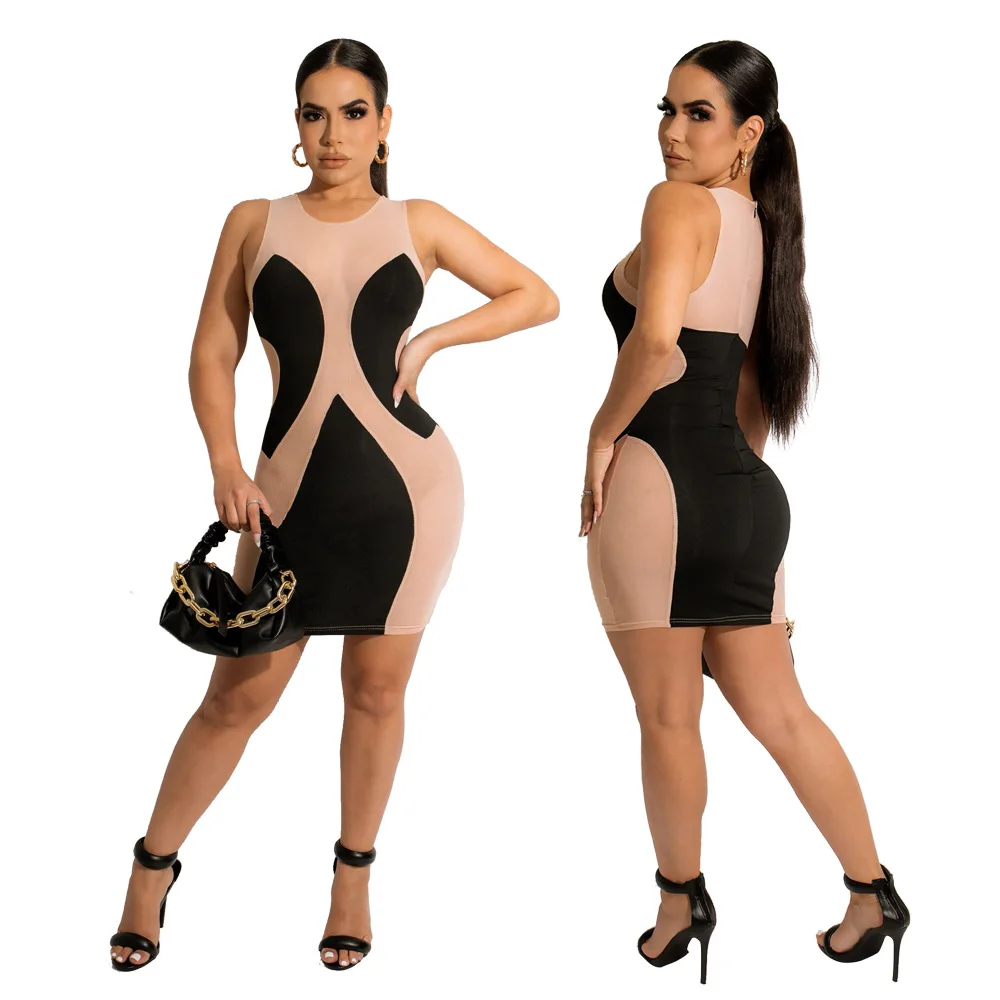 

SKMY New Elegant Clothes Summer Dresses 2022 Women Sleeveless Color Contrast Mesh Patchwork Round Neck Bodycon Dress Party