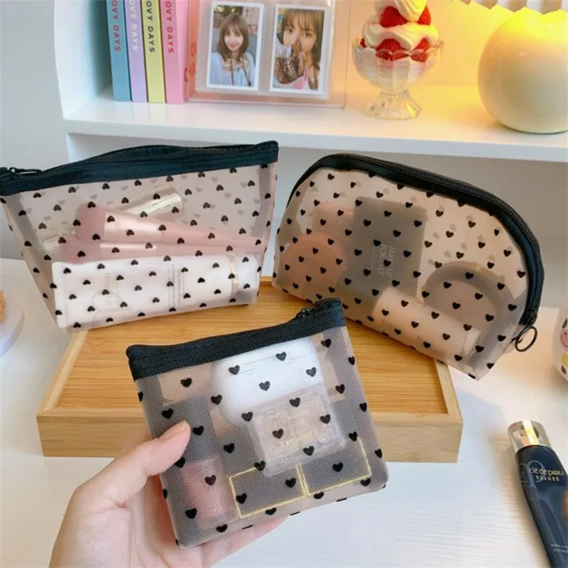 

Travel Organizer Small Large Black Toiletry Bags Makeup Pouch Transparent Heart Mesh Storage Bags Women Necessary Cosmetic Bag