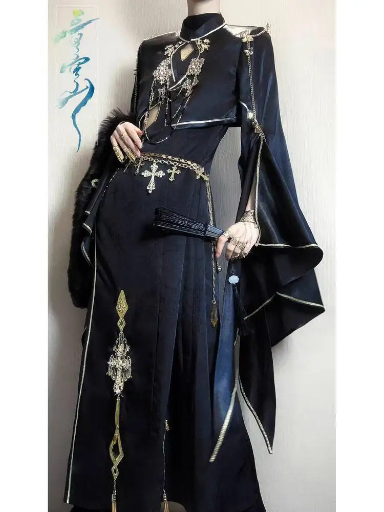Фото Новый китайский стиль фиеста карнавал Хэллоуин Cos косплей Oc черное золото Cheongsam топы меховая шаль черный №1