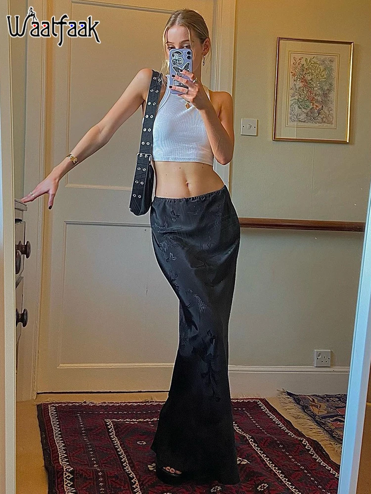 

Waatfaak Low Waist Y2K Black Long Skirts Gothic Grunge Summer Kawaii Floral Print Harajuku Beach Skirt Fairycore Maxi Aesthetic