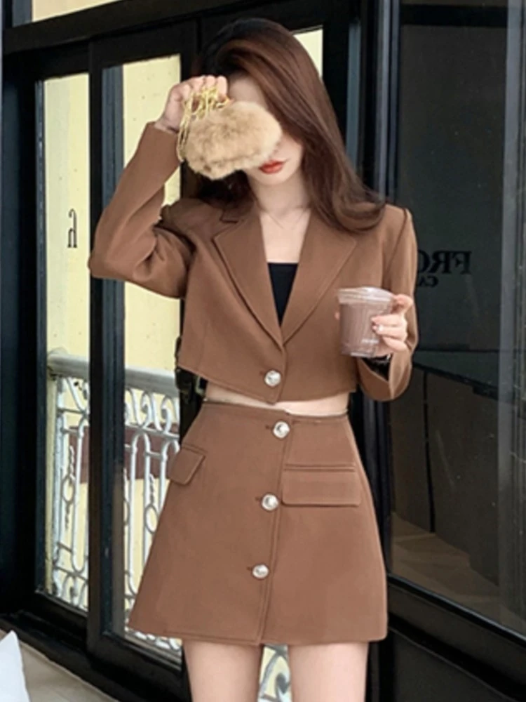 

Autumn Spring 2 Piece Set Office Lady Notched Lapel Cropped Jacket + Single Breasted Mini Skirt Korean Casual Blazer Outfits New