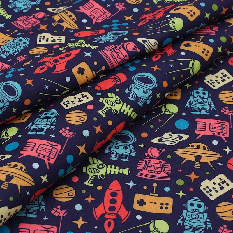 

IBOWS Polyester Cotton Cloth Fabric Rocket Spaceship Robot Printed Fabric Sewing Home Textile Garment Supplies 45*150cm 80g/pc