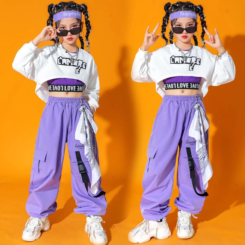 

Kids Rave Kpop Hip Hop White Crop Top Long Sleeve T Shirt Tee Casual Streetwear Cargo Pants for Girl Jazz Dance Costume Clothes