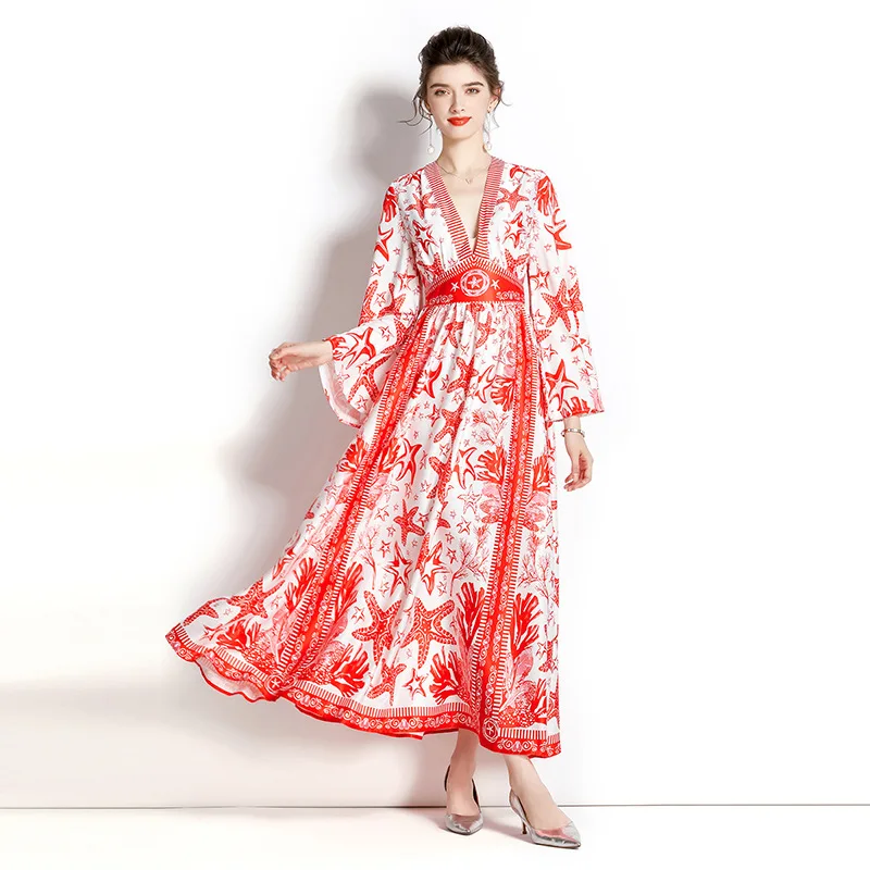 

Fashion Print V-neck Long Sleeve Ladies Slim Red Dress Casual and Elegant Beach Dress Sexy Party Dress