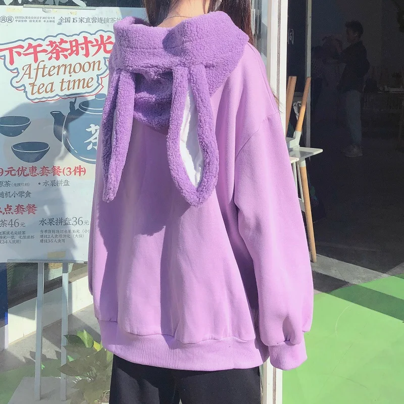 Harajuku Women Sweet Hoodies Cute Rabbit Ear Hooded Pullover Girly Fashionable Loose Lace-Up Sweatshirts Outwear Autumn Winter