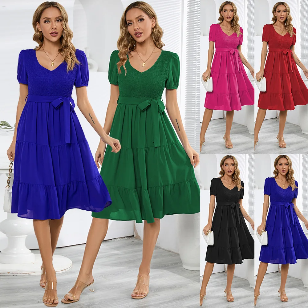 

Europe and the United States summer women's dress round neck short sleeve slim big swing patchwork cake dress casual skirt