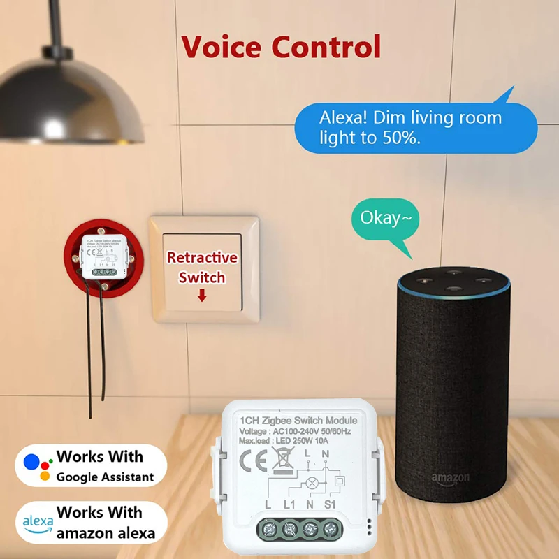 

Tuya ZigBee 3.0 Smart Switch Module No Neutral Wire Required Smart Home DIY Light Breaker Works with Alexa Google Home