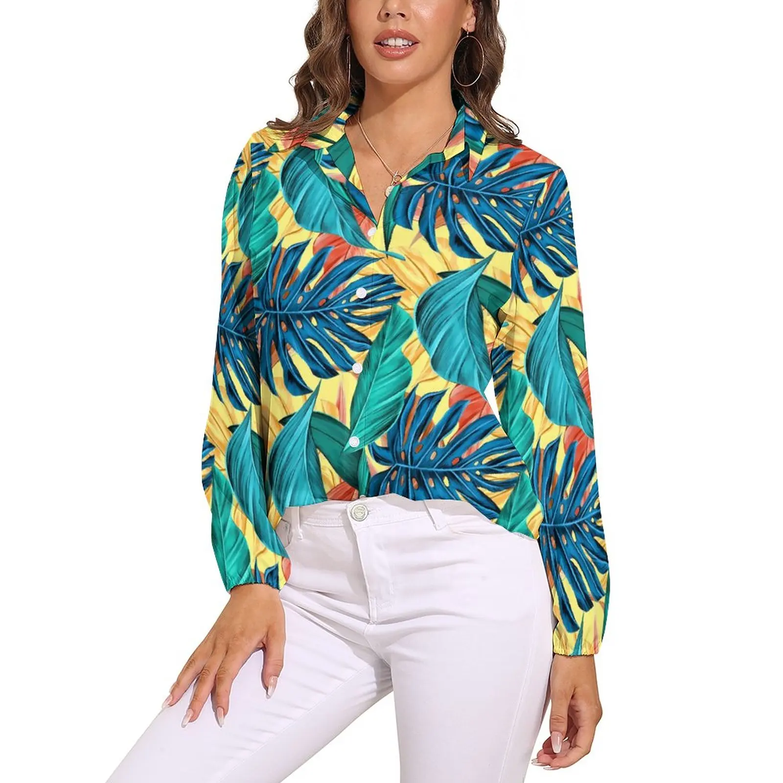 

Tropical Leaf Blouse Lemon Yellow Cute Pattern Blouses Womens Long Sleeve Classic Shirt Summer Oversized Tops