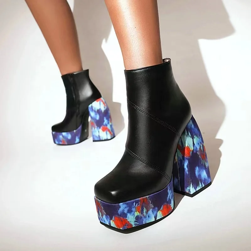 Tie-dye Print Thick Platform Fashion Boots Women Shoes Square Toe Chunky High Heel Boots Side Zip Ankle Size 43