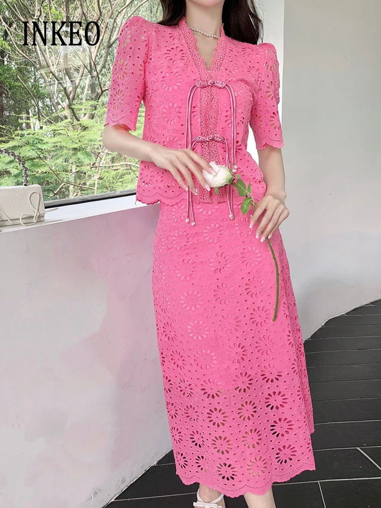 

Chinese style 2 Piece set Hollow out Lace top shirt Women and Midi skirt Pink White Elegant Short sleeve blouse Club INKEO 3D065