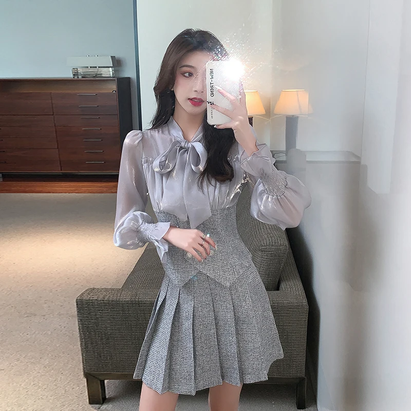 

High Quality Autumn New Tweed Two Piece Set Women Bow Double Breasted Shirt Coat Top And High Waist Mini Skirt Suit Outfits
